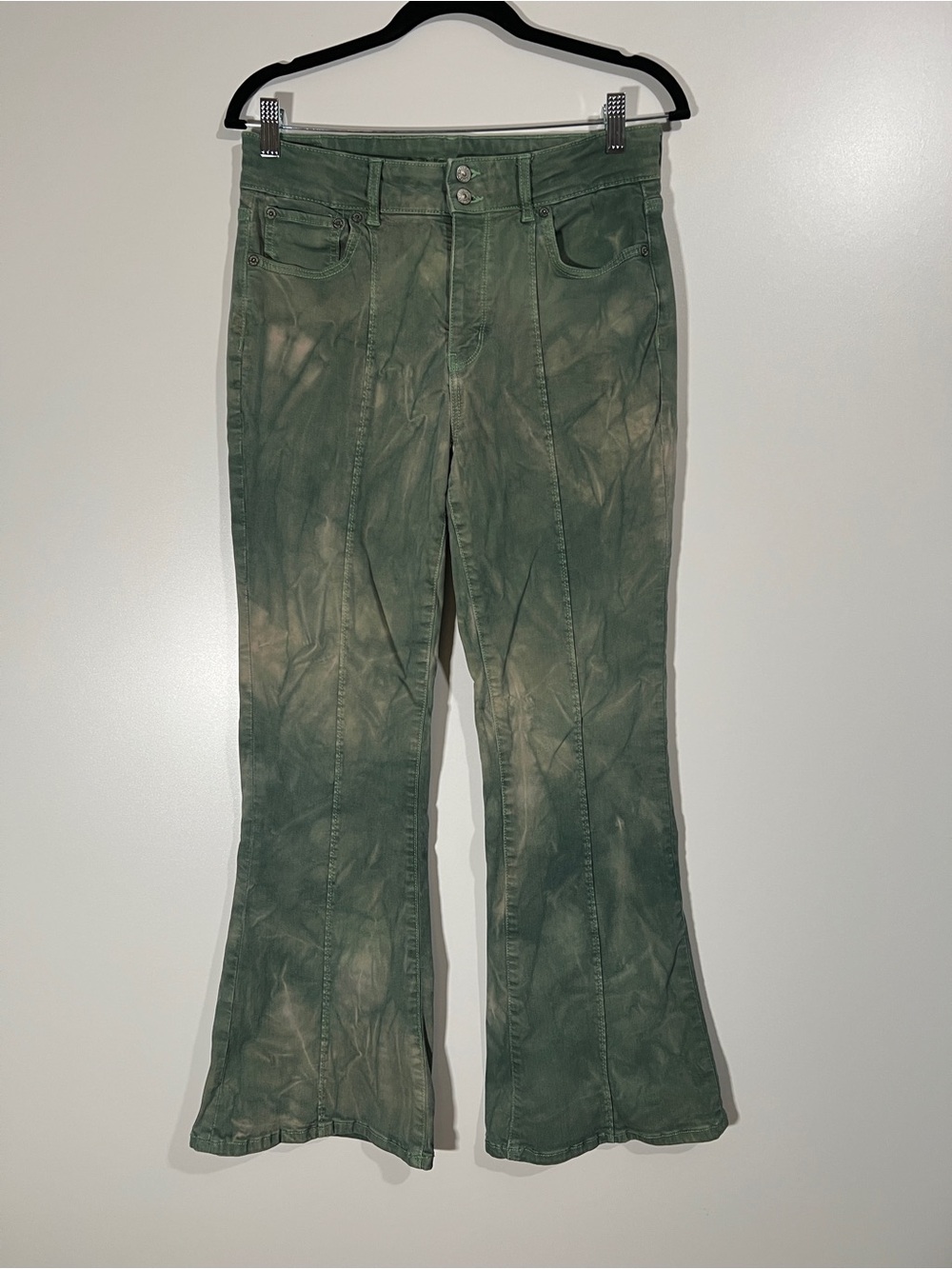 AE Super Flare Pants High Rise Green Dyed Size 10 Regular Pintucked